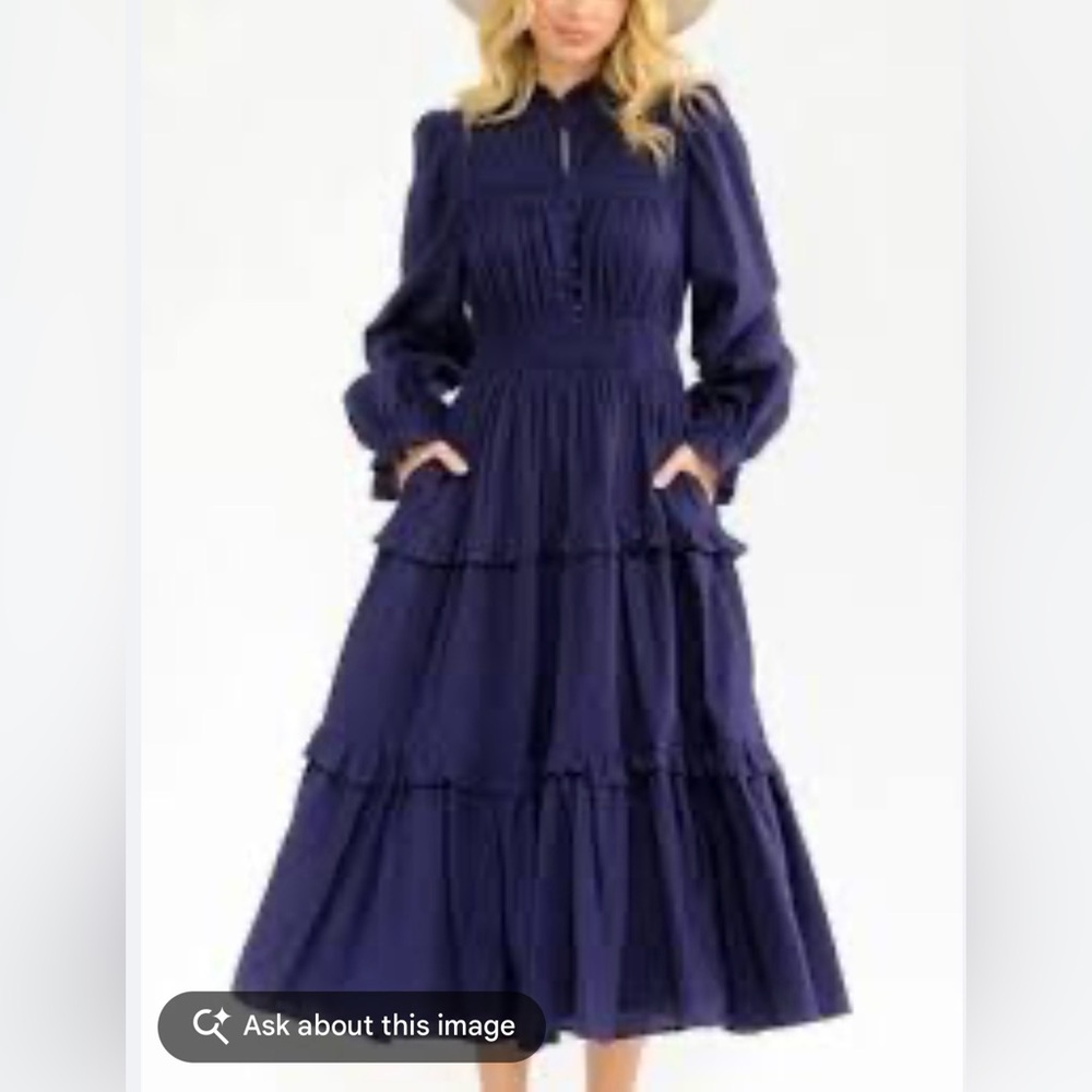 Just Me Navy Maxi Dress with Smocked Waist & Ruffle Tiers
